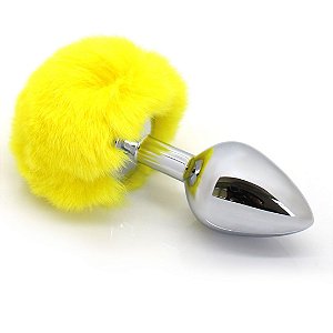 Plug Anal Em Aço Liso Pompom Coelho Amarelo 6×2,8 Cm