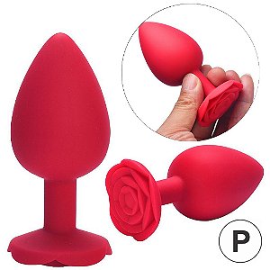 Plug Anal Vermelho em Silicone Flexível Com Formato de Rosa