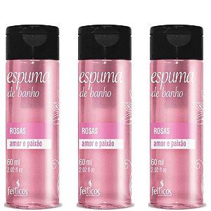 Kit 03 Espuma de Banho Rosas Amor e Paixão 60ml Feitiços - Sexshop