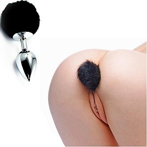 Plug Anal em Metal 7cm com Pompom Preto - Sex shop