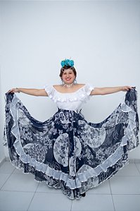 Saia Cigana Floral Marinho