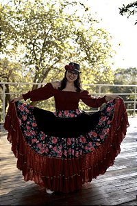 Saia Cigana Bordô e Floral