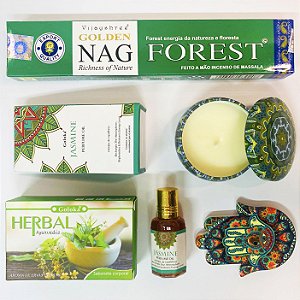 Kit Presente Natal - 5 itens - Incenso Nag Forest, Essência Jarmin,  Incensário Hamsa e sabonete Goloka Herbal, Vela Aromatica