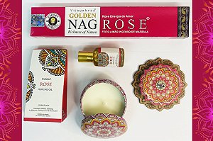 Kit Presente - 4 itens - Incenso Nag Rosas, Essência Rosas,  Incensário Mandala e Vela Aromatica na lata.