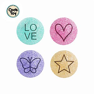 Kit Love, Coração, Borboleta e Estrela 04 peças | Carimbo de Brigadeiro e Doces