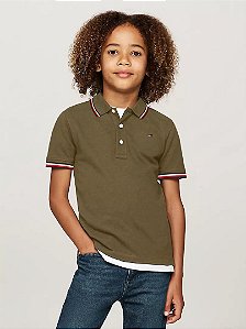Polo Infantil Tommy Hilfiger Verde Militar Com Gola Listrada