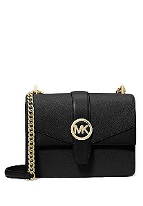 Bolsa Michael Kors Preta Greenwich Transversal Couro Alça Corrente Logo MK