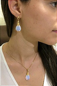Colar E Brinco Banhado A Ouro 18k De Pedra da Lua (Opalina)
