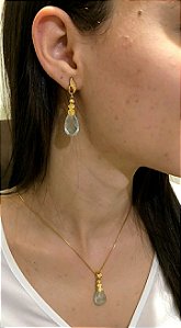 Colar E Brinco Banhado A Ouro 18k De Pedra Água Marinha