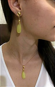 Colar E Brinco Banhado A Ouro 18k De Pedra Quartzo Limão