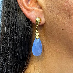 Brinco Banhado a ouro 18k de Calcedônia Azul Leitosa 09.