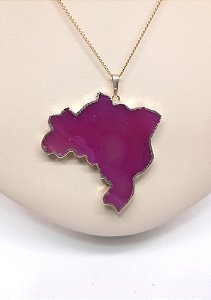 Pingente Mapa do Brasil de Pedra Ágata Rosa Pink