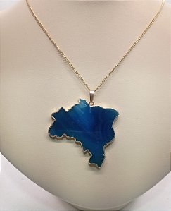 Pingente Mapa do Brasil de Pedra Ágata Azul Escura.