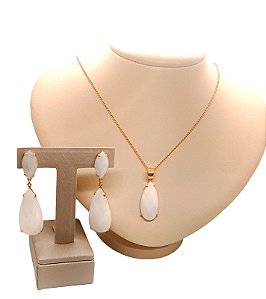 Colar E Brinco Banhado A Ouro 18k De Quartzo Branco ML4