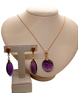 Colar E Brinco Banhado A Ouro 18k De Zircônia Roxa ML21