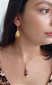 Colar E Brinco Banhado Ouro 18k Jaspe Mookaite Ou Mocaita ML39