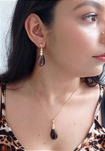 Colar E Brinco Banhado A Ouro 18k De Quartzo Fumê ML41