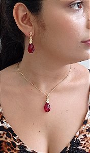 Colar E Brinco banhado Ouro Zircônia Vermelha Briolet ML55