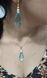 Colar E Brinco Banhado a Ouro 18k De Zircônia Azul Claro ML85