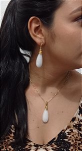 Colar E Brinco Banhado A Ouro 18k De Quartzo Branco ML82
