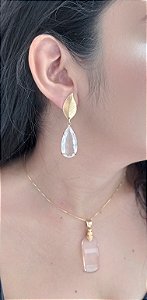 Colar E Brinco Banhado A Ouro 18k De Quartzo Rosa ML93