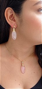 Colar E Brinco Banhado A Ouro 18k De Quartzo Rosa. ML95