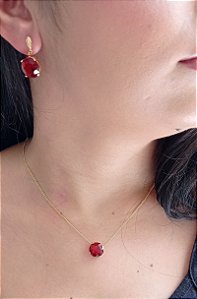 Colar E Brinco Banhado A Ouro 18k De Zircônia Vermelho ML110