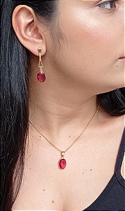 Colar E Brinco Folheado Ouro 18k De Zircônia Rosa Escuro ML134