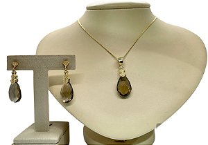 Colar e Brinco banhado a ouro 18k de Quartzo Fumê ML151