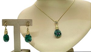 Colar e Brinco banhado a ouro 18k de Esmeralda Biriba. ML156