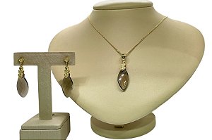Colar e Brinco banhado a ouro 18k de Quartzo Fumê. ML164
