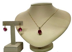 Colar e Brinco banhado a ouro 18k de Zircônia Rosa. ML172