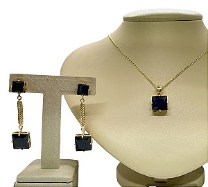 Colar e Brinco banhado a ouro 18k de Ônix. ML183