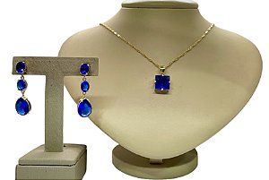 Colar e Brinco banhado a ouro 18k de Zircônia Azul. ML198