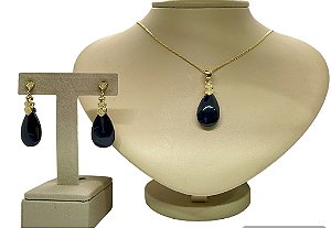 Colar e Brinco banhado a ouro 18k de Ônix ML204