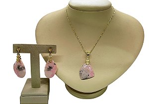 Colar e Brinco banhado a ouro 18k de Opala Rosa ML207