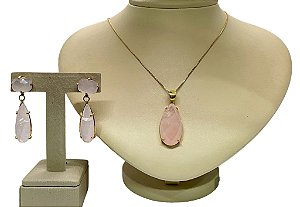 Colar e Brinco banhado a ouro 18k de Quartzo Rosa ML215