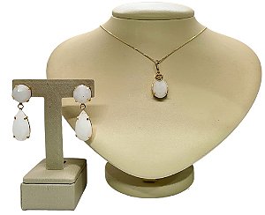Colar e Brinco banhado a ouro 18k de Quartzo Branco ML217