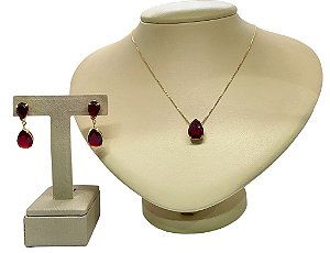 Colar e Brinco banhado a ouro 18k de Zircônia Vermelha ML224