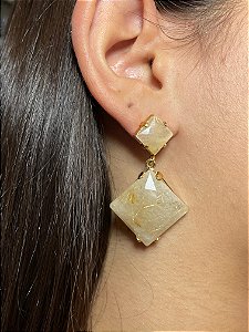 Brinco Banhado a ouro 18k de Quartzo Rutilo Dourado