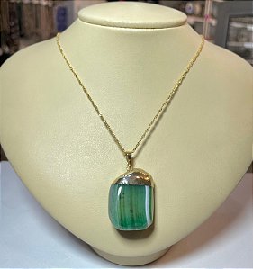 Pingente Banhado à ouro 18 K de Pedra Ágata Verde Rolada e Polida