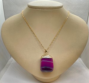 Pingente Banhado à ouro 18 K de Pedra Ágata Rosa Rolada e Polida