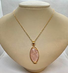 Pingente Banhado à ouro 18 K de Pedra Quartzo Rosa Navete