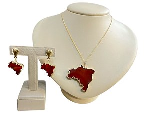 Colar E Brinco Banhado A Ouro 18k De Pedra Ágata Marrom MAPA DO BRASIL