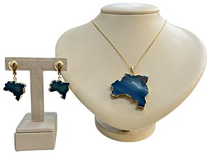 Colar E Brinco Banhado A Ouro 18k De Pedra Ágata Azul MAPA DO BRASIL