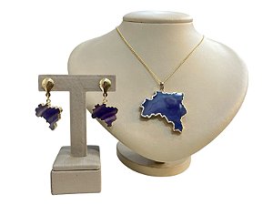 Colar E Brinco Banhado A Ouro 18k De Pedra Ágata Lilás Levemente Azulada MAPA DO BRASIL