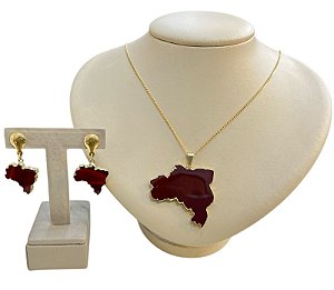 Colar E Brinco Banhado A Ouro 18k De Pedra Ágata Marrom MAPA DO BRASIL