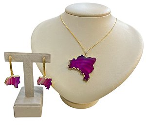 Colar E Brinco Banhado A Ouro 18k De Pedra Ágata Rosa MAPA DO BRASIL