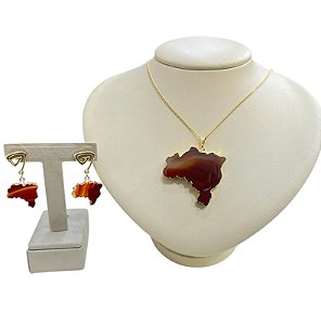 Colar E Brinco Banhado A Ouro 18k De Pedra Ágata Marrom MAPA DO BRASIL