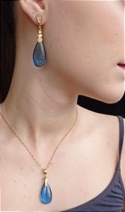 Colar E Brinco Banhado A Ouro 18k Semijoia De Zircônia Azul Safira Lisa